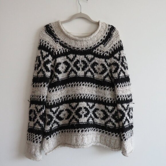 FREE PEOPLE Silver Reed Fair Isle Black White Crochet Wool Boho Sweater Sz XS - Picture 2 of 15